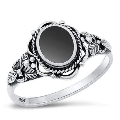 Sterling Silver Flower Oval Black Agate Stone Ring