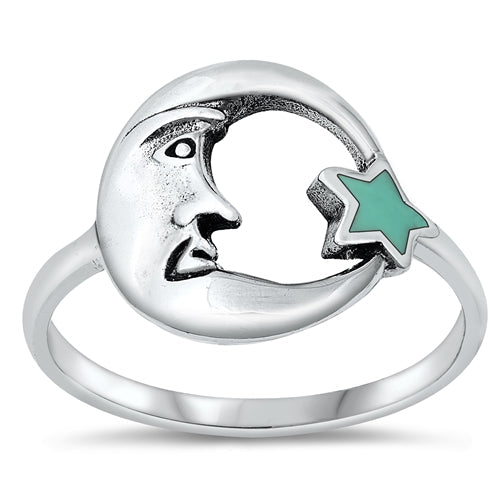 Sterling Silver Oxidized Moon And Star Turquoise Stone Ring