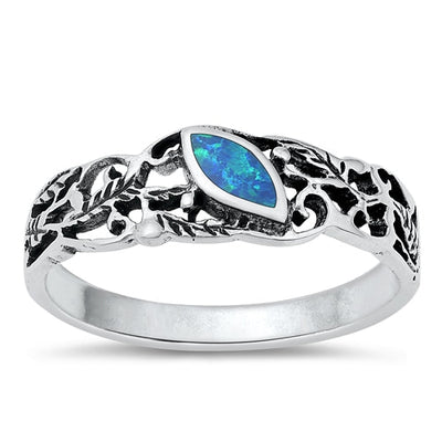 Sterling Silver Leaf Blue Lab Opal Stone Ring