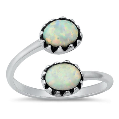 Sterling Silver Double Round White Lab Opal Ring