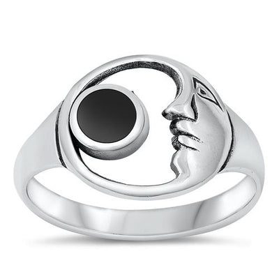 Sterling Silver Black Agate Moon Ring