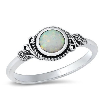 Sterling Silver Round White Lab Opal Ring