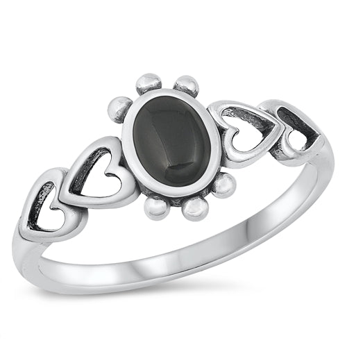 Sterling Silver Oxidized Heart Turtle Black Agate Stone Ring