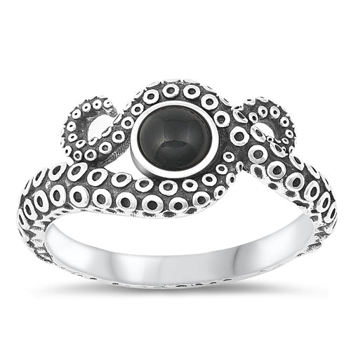 Sterling Silver Oxidized Octopus Black Agate Stone Ring