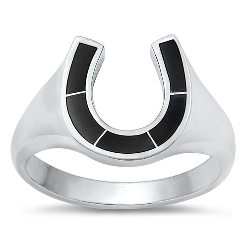 Sterling Silver Horseshoe Black Agate Stone Ring