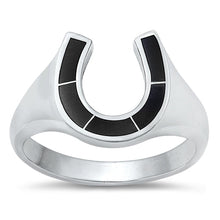 Load image into Gallery viewer, Sterling Silver Horseshoe Black Agate Stone Ring