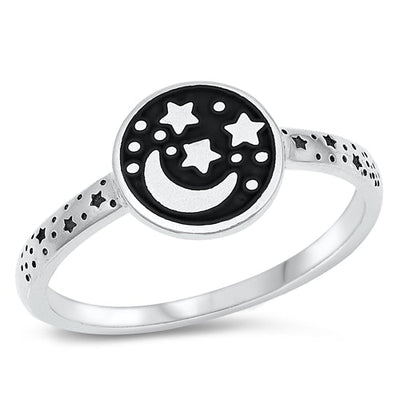 Sterling Silver Oxidized Moon And Stars Shape Ring