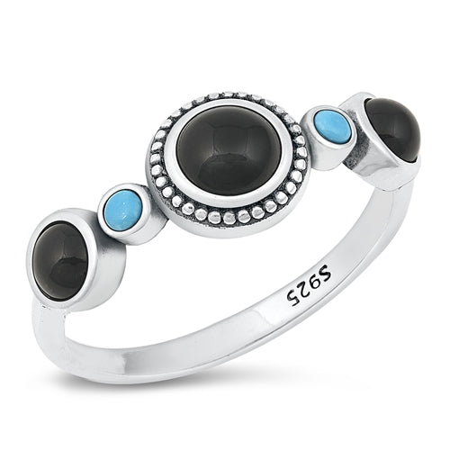 Sterling Silver Oxidized Circles Turquoise And Black Agate Stone Ring