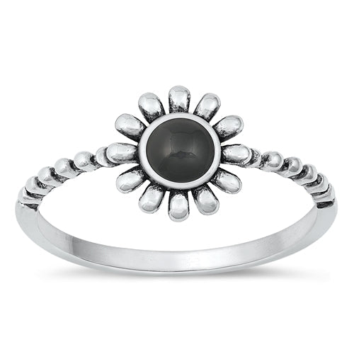 Sterling Silver Oxidized Flower Black Agate Stone Ring