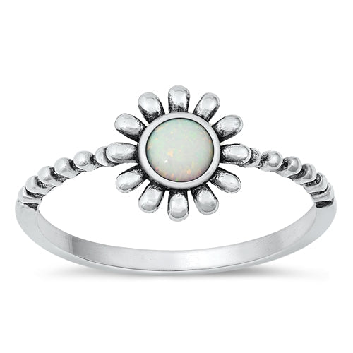 Sterling Silver Flower White Lab Opal Ring