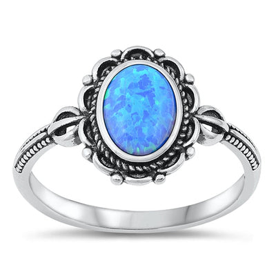 Sterling Silver Flower Oval Blue Lab Opal Ring