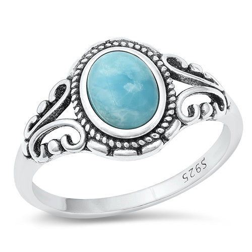 Sterling Silver Oxidized Oval Genuine Larimar Stone Ring