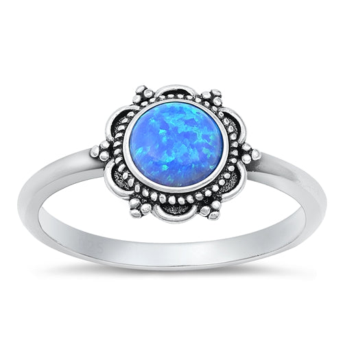 Sterling Silver Flower Blue Lab Opal Ring