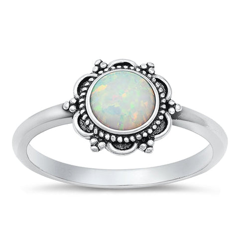 Sterling Silver Flower White Lab Opal Ring