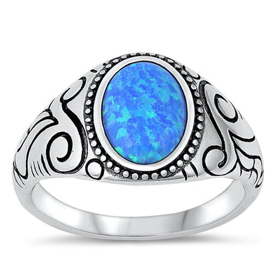 Sterling Silver Oxidized Celtic Oval Blue Lab Opal Ring