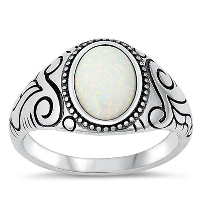 Sterling Silver Oxidized Celtic Oval White Lab Opal Ring