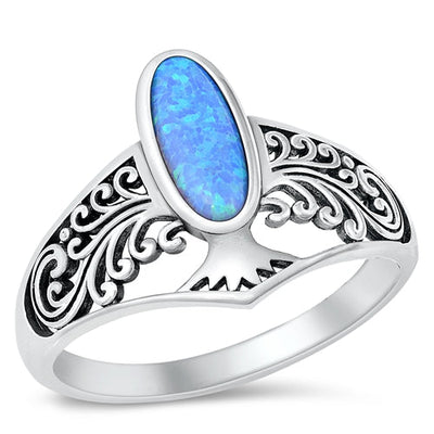 Sterling Silver Oxidized Oval Tree Blue Lab Opal Ring