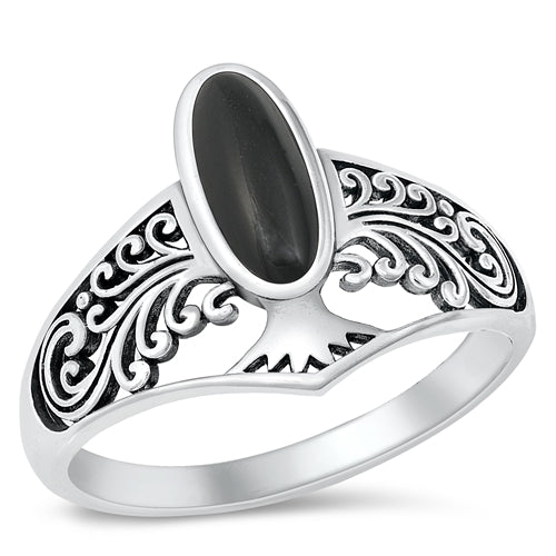Sterling Silver Oxidized Tree Black Agate Stone Ring