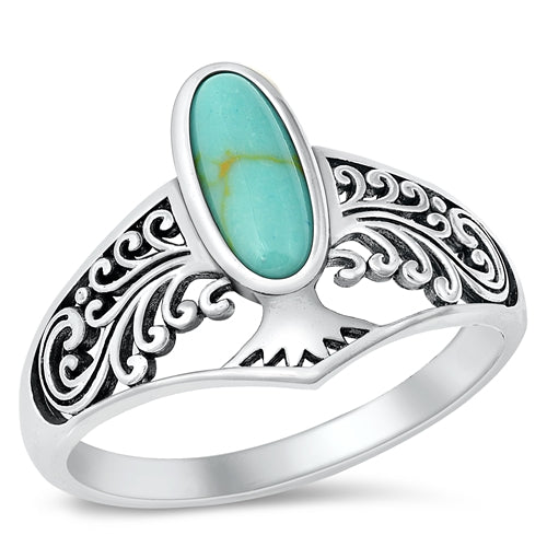 Sterling Silver Oxidized Tree Simulate Turquoise Stone Ring