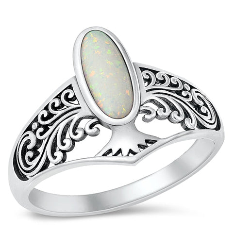 Sterling Silver Oxidized Oval Tree White Lab Opal Ring