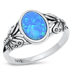 Sterling Silver Butterfly Oval Blue Lab Opal Ring