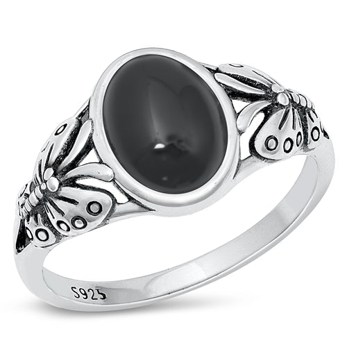 Sterling Silver Oxidized Butterfly Black Agate Stone Ring