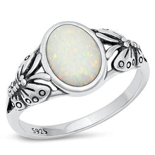 Load image into Gallery viewer, Sterling Silver Butterfly Oval White Lab Opal Ring