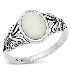 Sterling Silver Butterfly Oval White Lab Opal Ring
