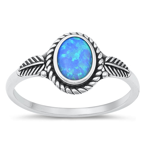 Sterling Silver Leaf And Oval blue Lab Opal Ring