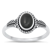 Load image into Gallery viewer, Sterling Silver Leaf Oval Black Agate Stone Ring