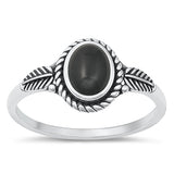 Sterling Silver Leaf Oval Black Agate Stone Ring