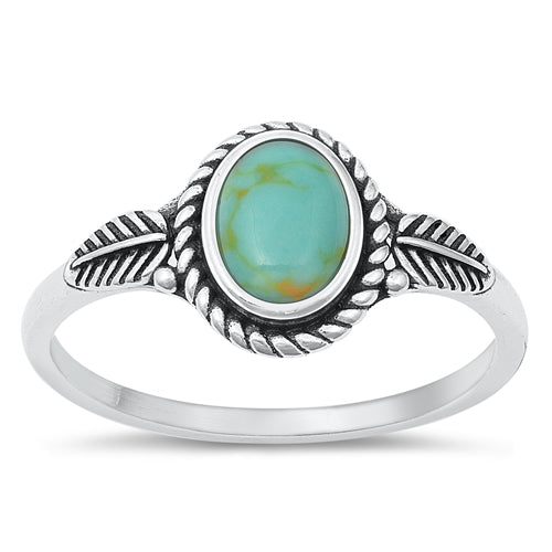 Sterling Silver Leaf Oval Simulated Turquoise Stone Ring