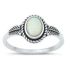 Load image into Gallery viewer, Sterling Silver Leaf And Oval White Lab Opal Ring