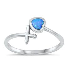 Load image into Gallery viewer, Sterling Silver Oxidized Heart And Cross Blue Lab Opal Ring