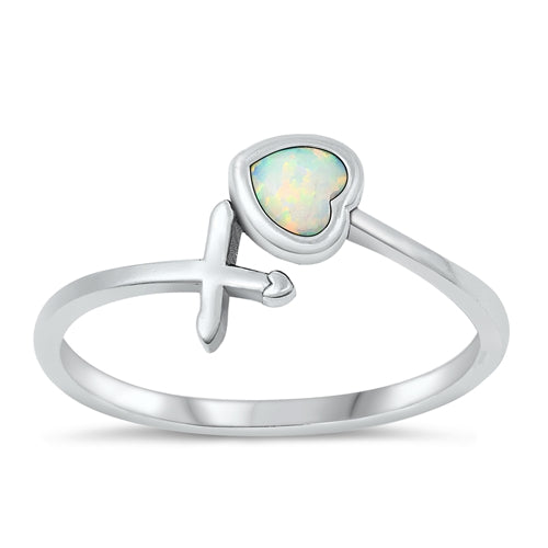 Sterling Silver Oxidized Heart And Cross White Lab Opal Ring