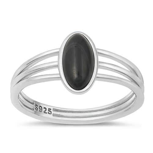 Sterling Silver Rhodium Plated Black Agate Stone Ring-10.9mm