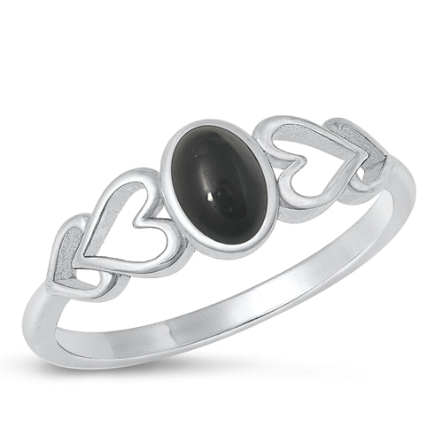 Sterling Silver Rhodium Plated Black Agate Stone Ring-6.9mm