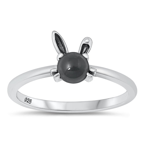 Sterling Silver Oxidized Black Agate Stone Bunny Rabbit Ring