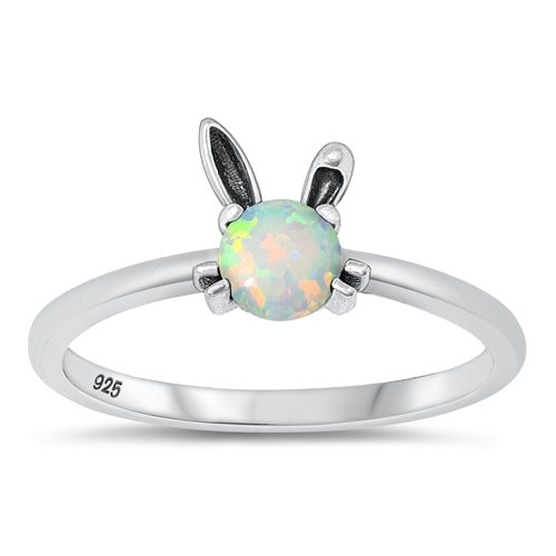Sterling Silver Oxidized White Lab Opal Bunny Rabbit Ring