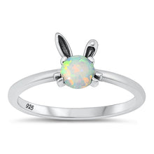 Load image into Gallery viewer, Sterling Silver Oxidized White Lab Opal Bunny Rabbit Ring