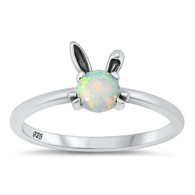 Sterling Silver Oxidized White Lab Opal Bunny Rabbit Ring