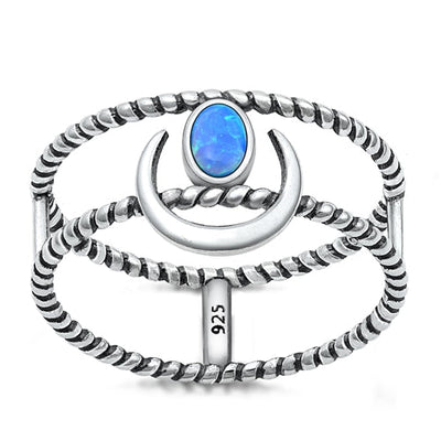 Sterling Silver Oxidized Blue Lab Opal Moon Stone Ring