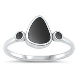 Sterling Silver Oxidized Pear Black Agate Stone Ring