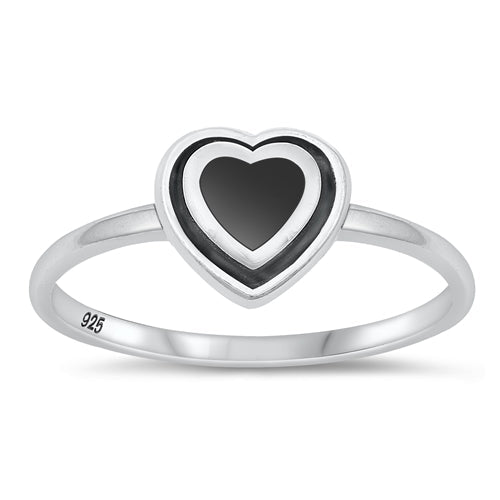 Sterling Silver Oxidized Heart Black Agate Ring-8mm