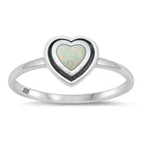 Sterling Silver Oxidized Heart White Lab Opal and Ring-8mm