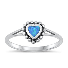 Sterling Silver Oxidized Heart Blue Lab Opal and Ring-8.5mm