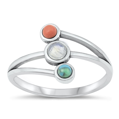 Sterling Silver Oxidized Turquoise, Moonstone, Carnelian Ring