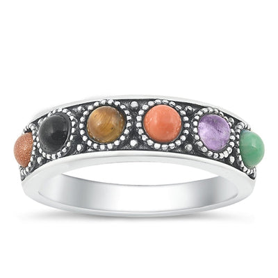 Sterling Silver Oxidized Multi-Colored Stones Ring-5.2mm