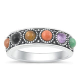 Sterling Silver Oxidized Multi-Colored Stones Ring-5.2mm