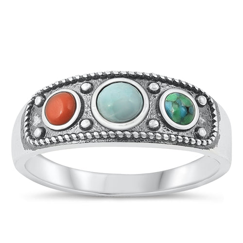Sterling Silver Oxidized Multi-Colored Stones Ring-7.7mm